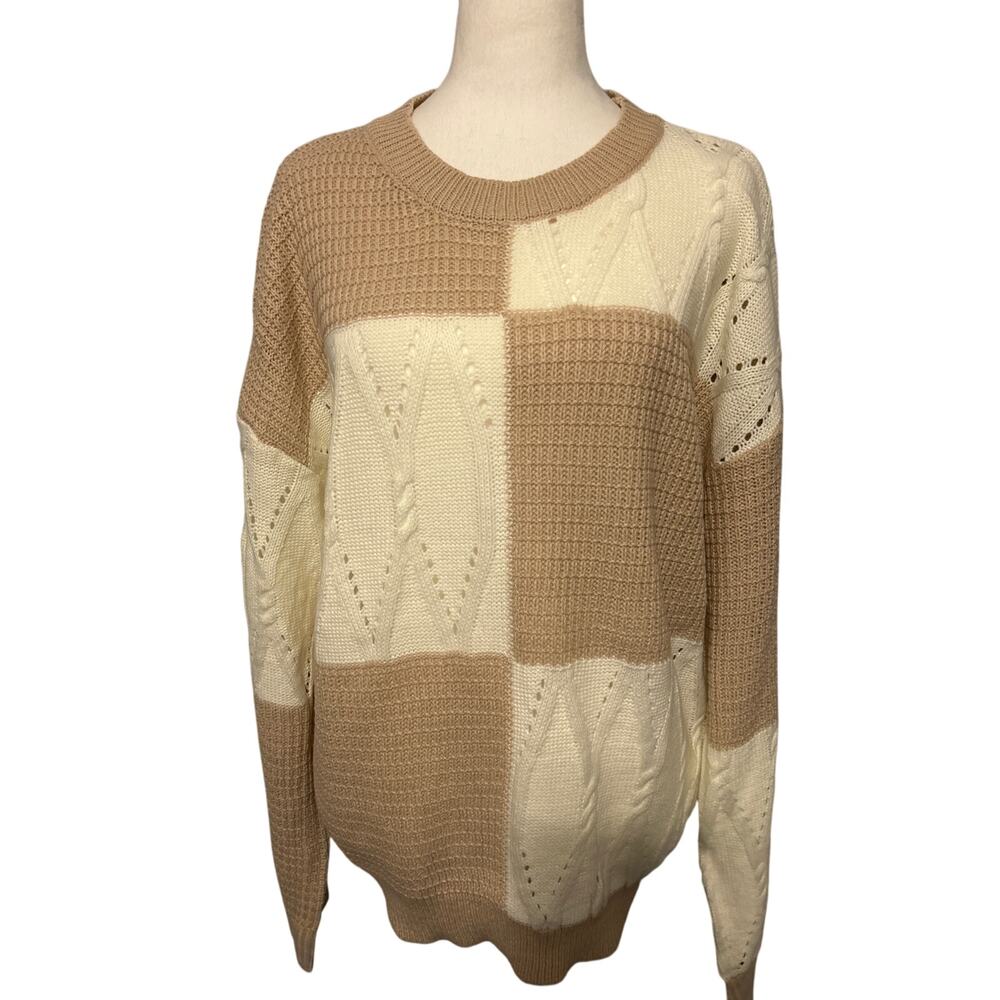 Hem & Thread Boutique Knit Sweater Tan and Cream Size Large Color‎ Block NWT